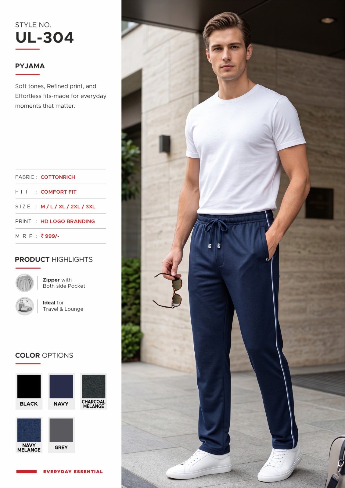 Men’s Navy Lounge Pyjama Pants - illustrative garment style