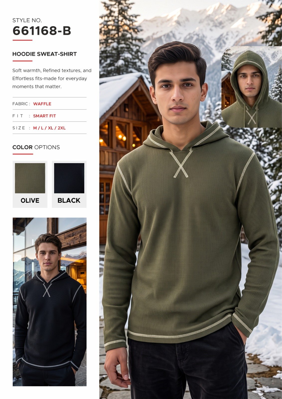 Men’s Olive Waffle-Knit Hoodie - illustrative garment style