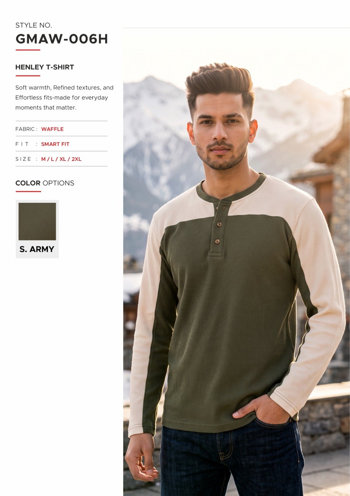 Men’s Olive Waffle-Knit Henley T-Shirt - illustrative garment style