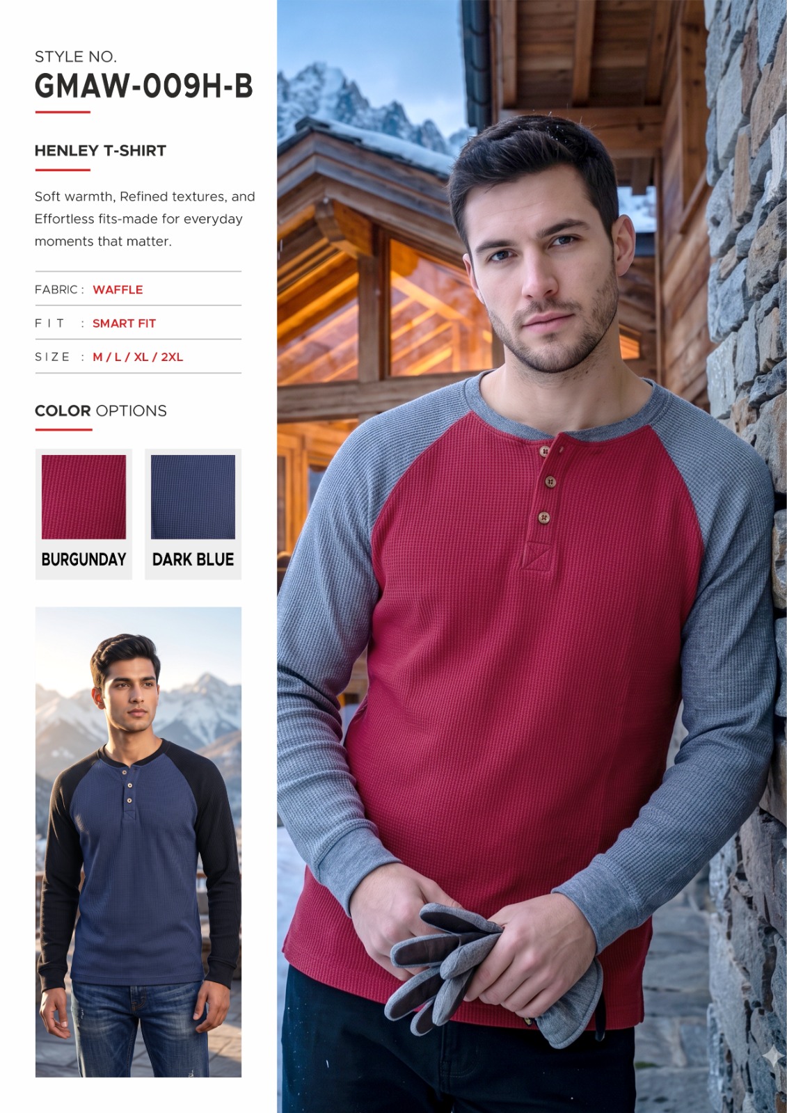Men’s Red Waffle-Knit Henley T-Shirt - illustrative garment style