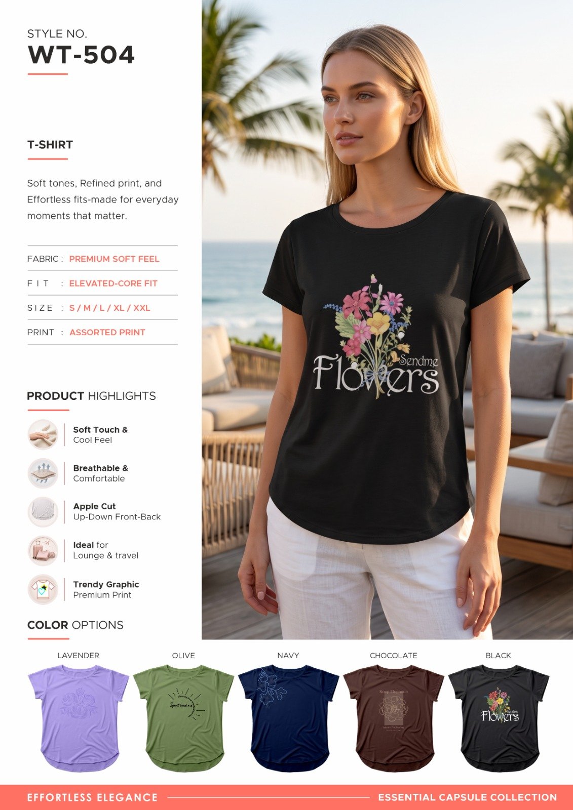 Women’s Black Floral Graphic T-Shirt - illustrative garment style