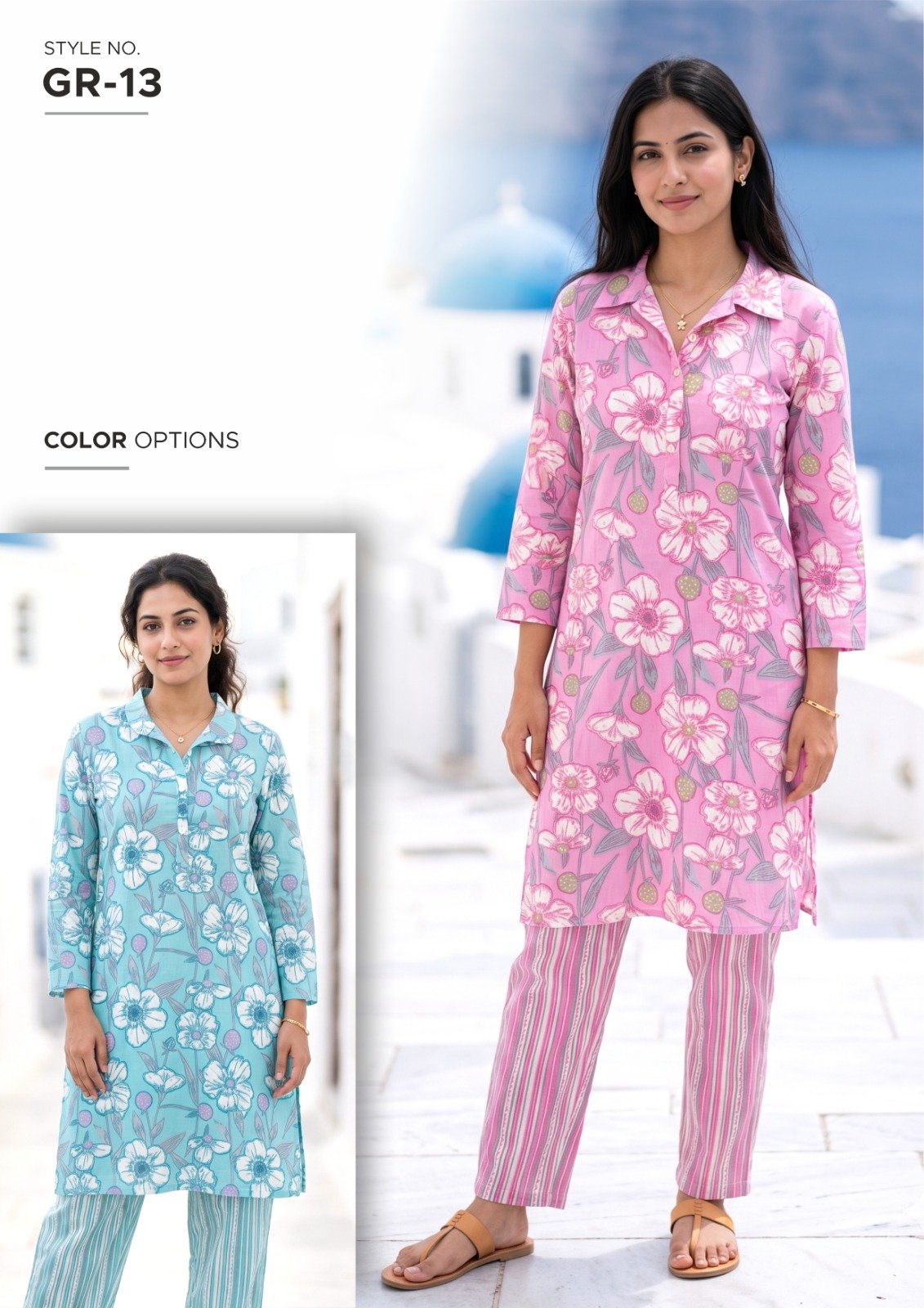 Women’s Pink Floral Print Kurti Set - illustrative garment style