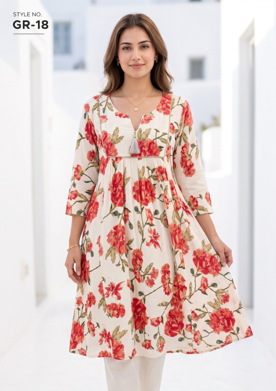 Women’s Cream Floral Print Long Dress - illustrative garment style