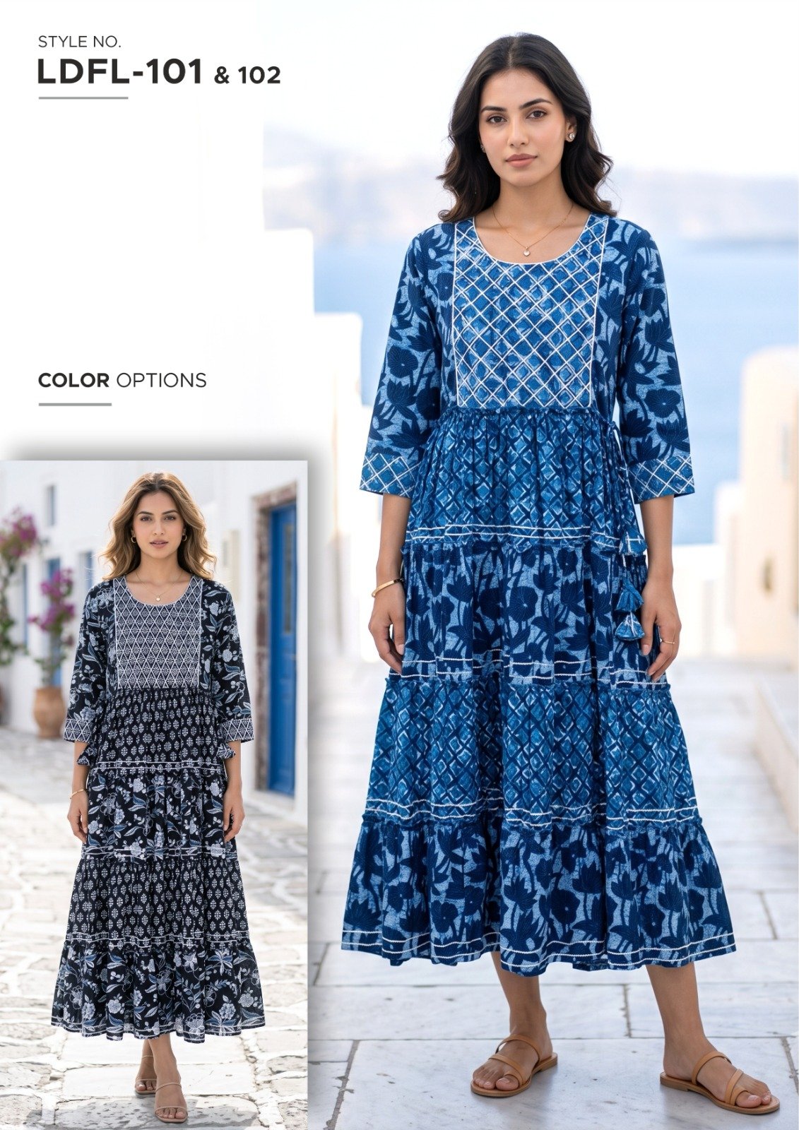 Women’s Blue Floral Print Long Dress - illustrative garment style