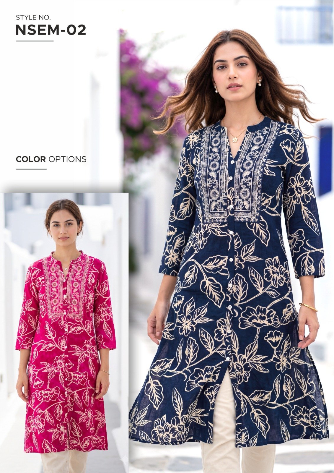 Women’s Navy Floral Print Long Kurti - illustrative garment style