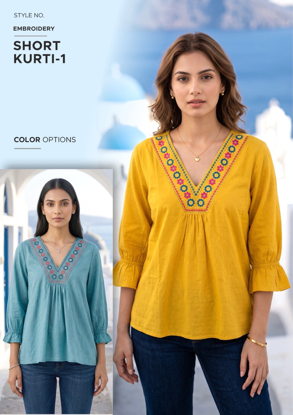 Women’s Yellow Embroidered Short Kurti - illustrative garment style