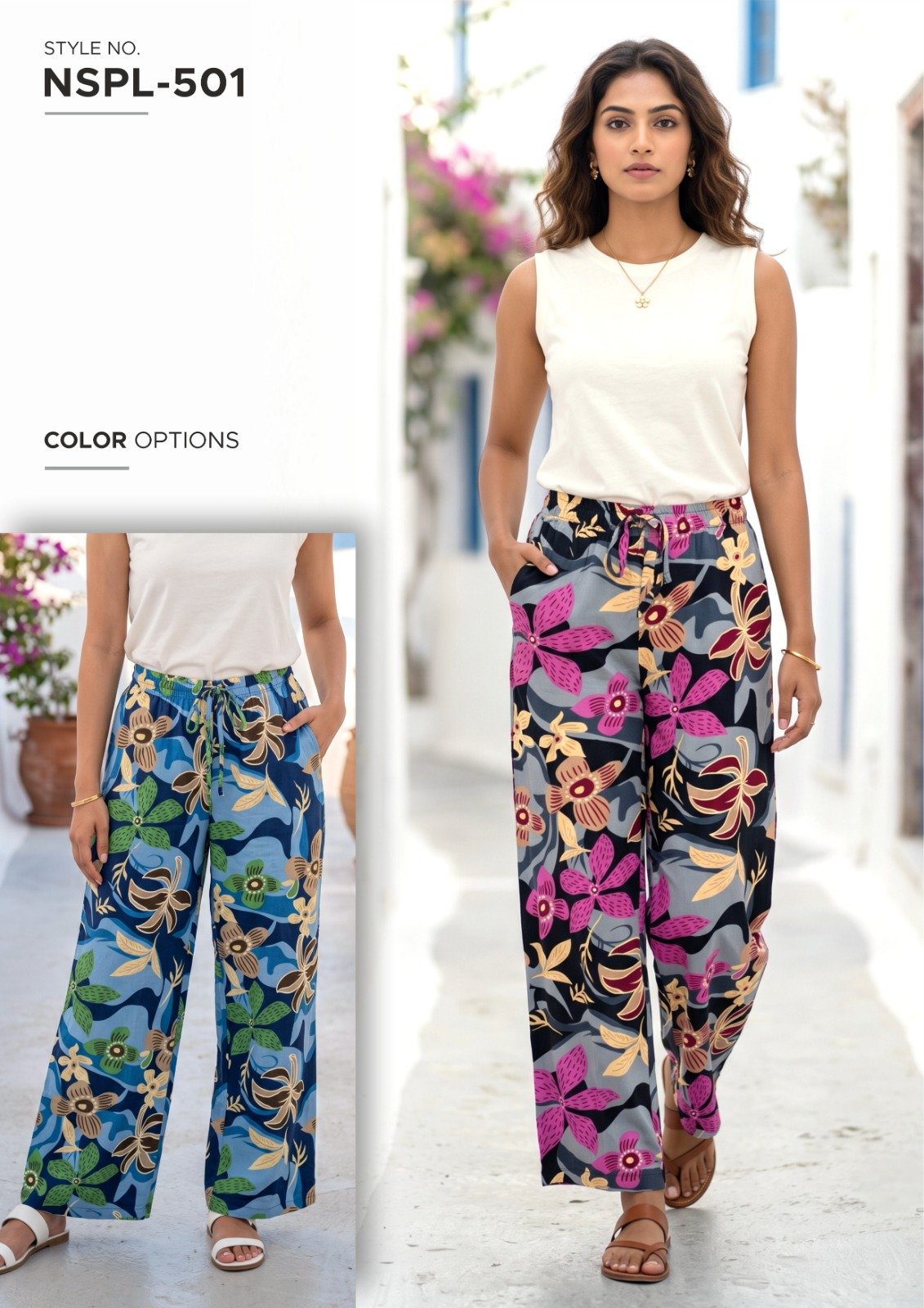 Women’s Navy Floral Print Palazzo Pants - illustrative garment style
