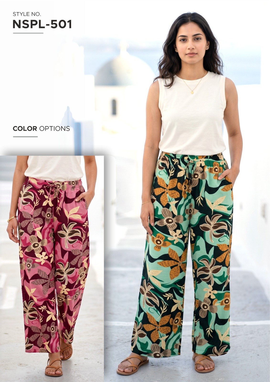Women’s Green Floral Print Palazzo Pants - illustrative garment style