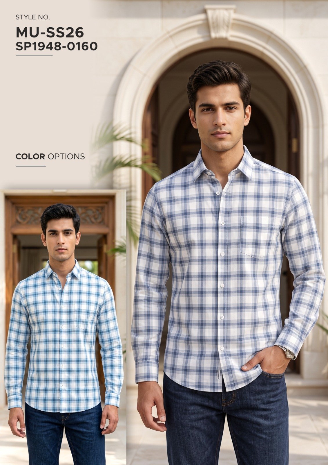 Men’s Blue Check Button-Down Shirt - illustrative garment style