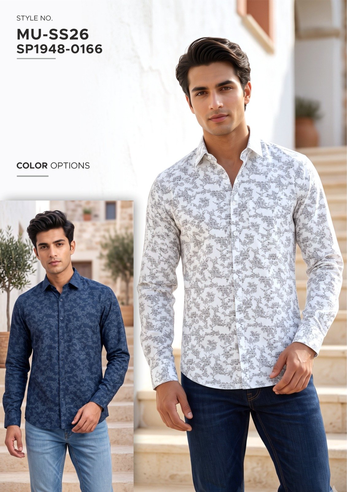 Men’s White Floral Print Button-Down Shirt - illustrative garment style