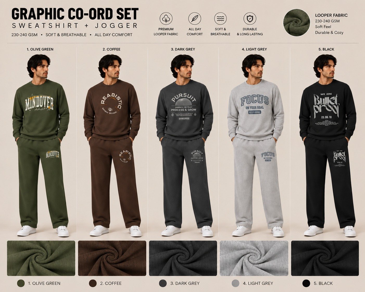 Men’s graphic sweatshirt and jogger co-ord sets in five colours | Raghuvir Lifestyle Men’s graphic sweatshirt and jogger co-ord sets in five colours