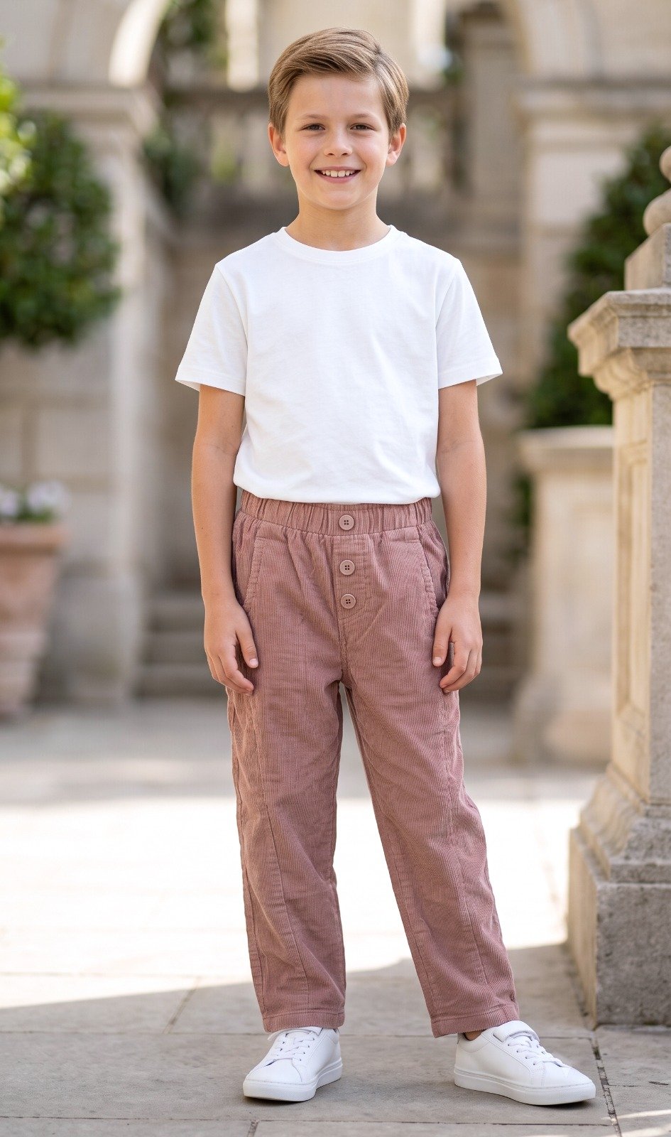 White T-shirt and pink corduroy pants | Raghuvir Lifestyle White T-shirt and pink corduroy pants