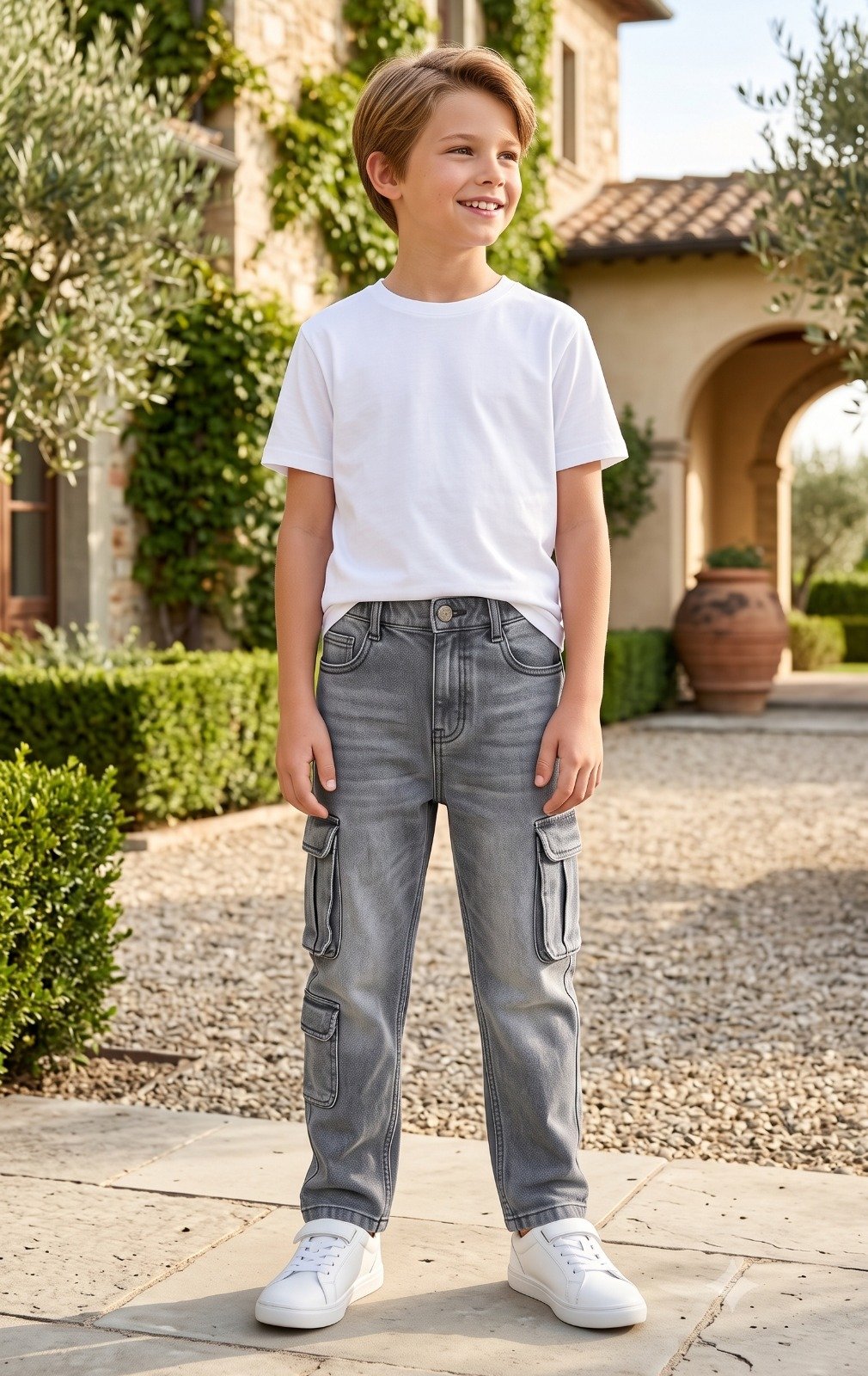 White T-shirt and grey cargo jeans | Raghuvir Lifestyle White T-shirt and grey cargo jeans