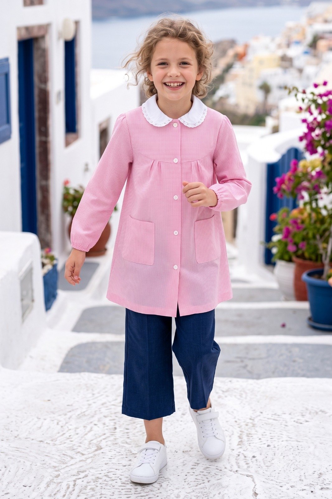 Pink gingham long shirt and navy culottes | Raghuvir Lifestyle Pink gingham long shirt and navy culottes