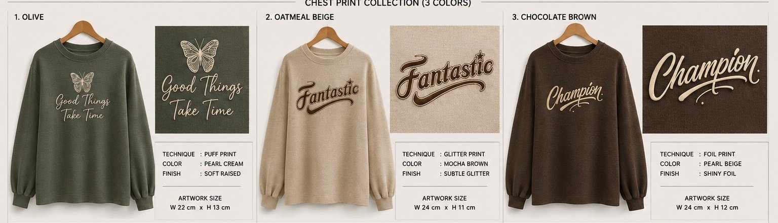 Women’s Aria chest-print sweatshirts in olive, beige and brown | Raghuvir Lifestyle Women’s Aria chest-print sweatshirts in olive, beige and brown