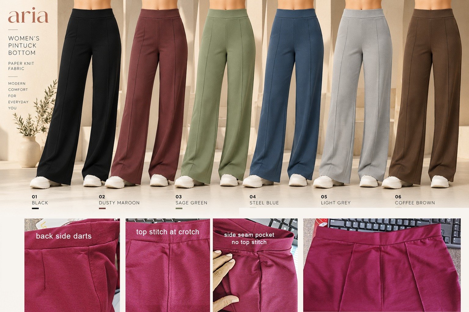 Women’s Aria pintuck bottoms in six colours | Raghuvir Lifestyle Women’s Aria pintuck bottoms in six colours