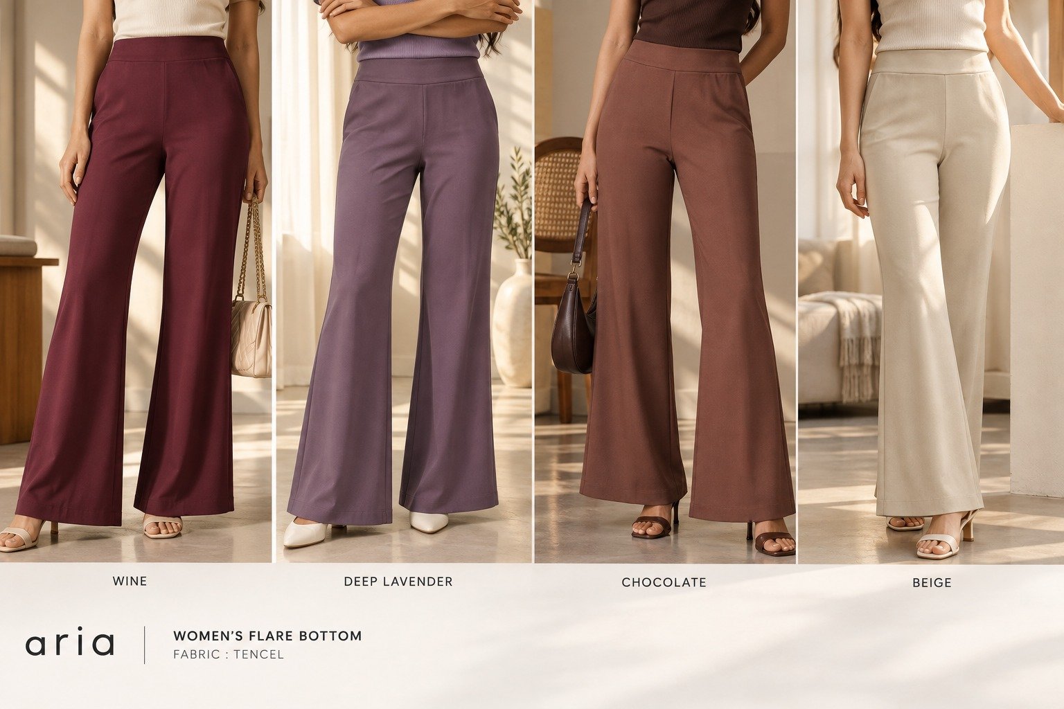 Women’s Aria flared bottoms in wine, lavender, chocolate and beige | Raghuvir Lifestyle Women’s Aria flared bottoms in wine, lavender, chocolate and beige