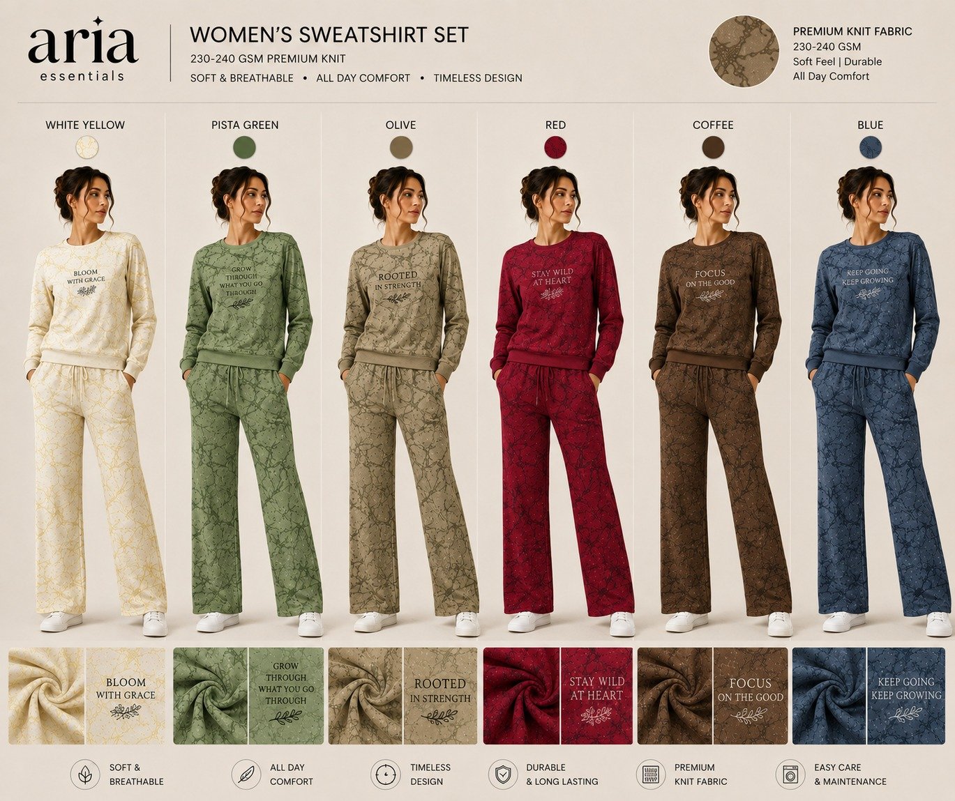 Women’s Aria printed sweatshirt and trouser sets in six colours | Raghuvir Lifestyle Women’s Aria printed sweatshirt and trouser sets in six colours