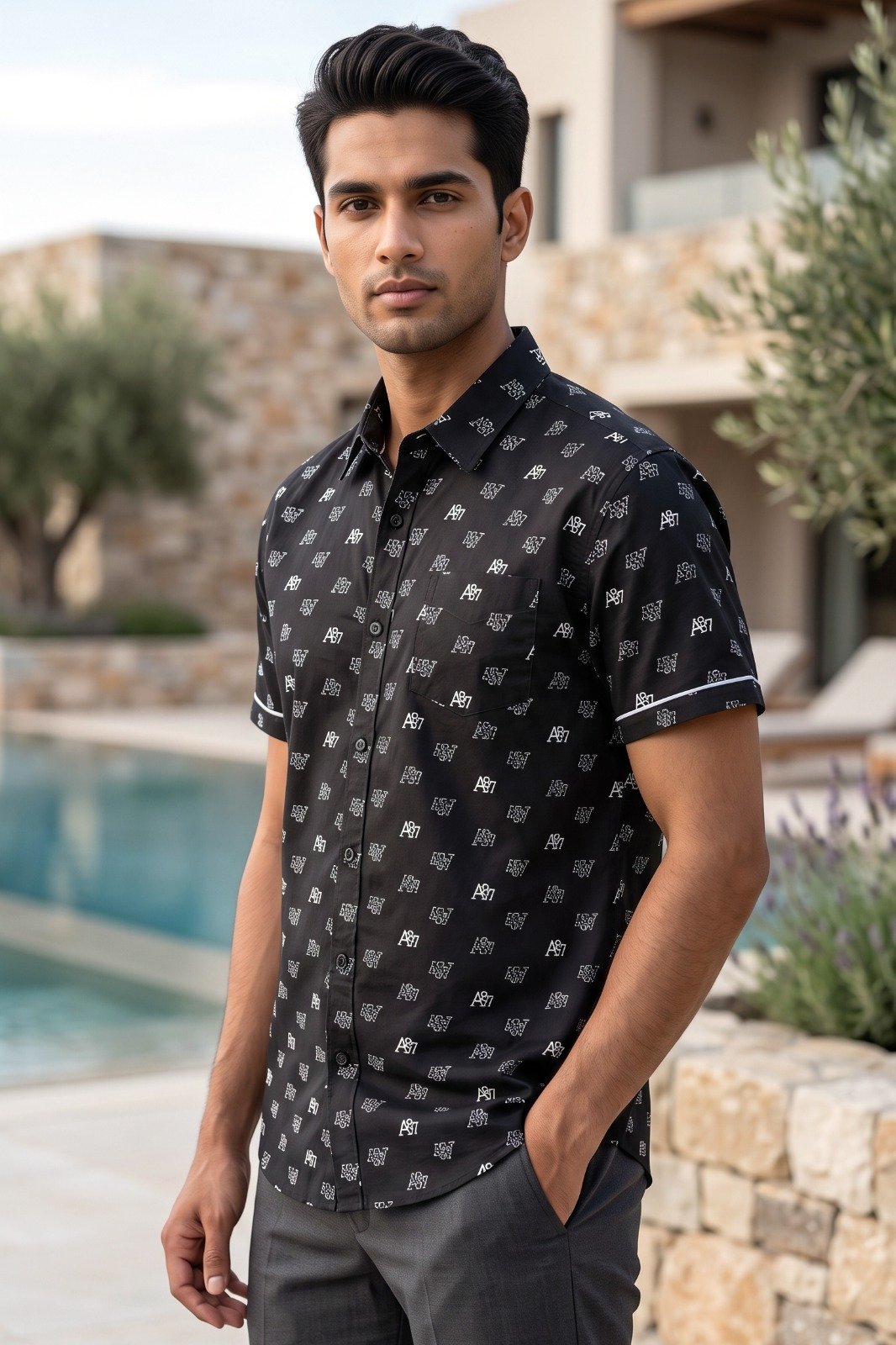 Black patterned short-sleeve shirt | Raghuvir Lifestyle Black patterned short-sleeve shirt