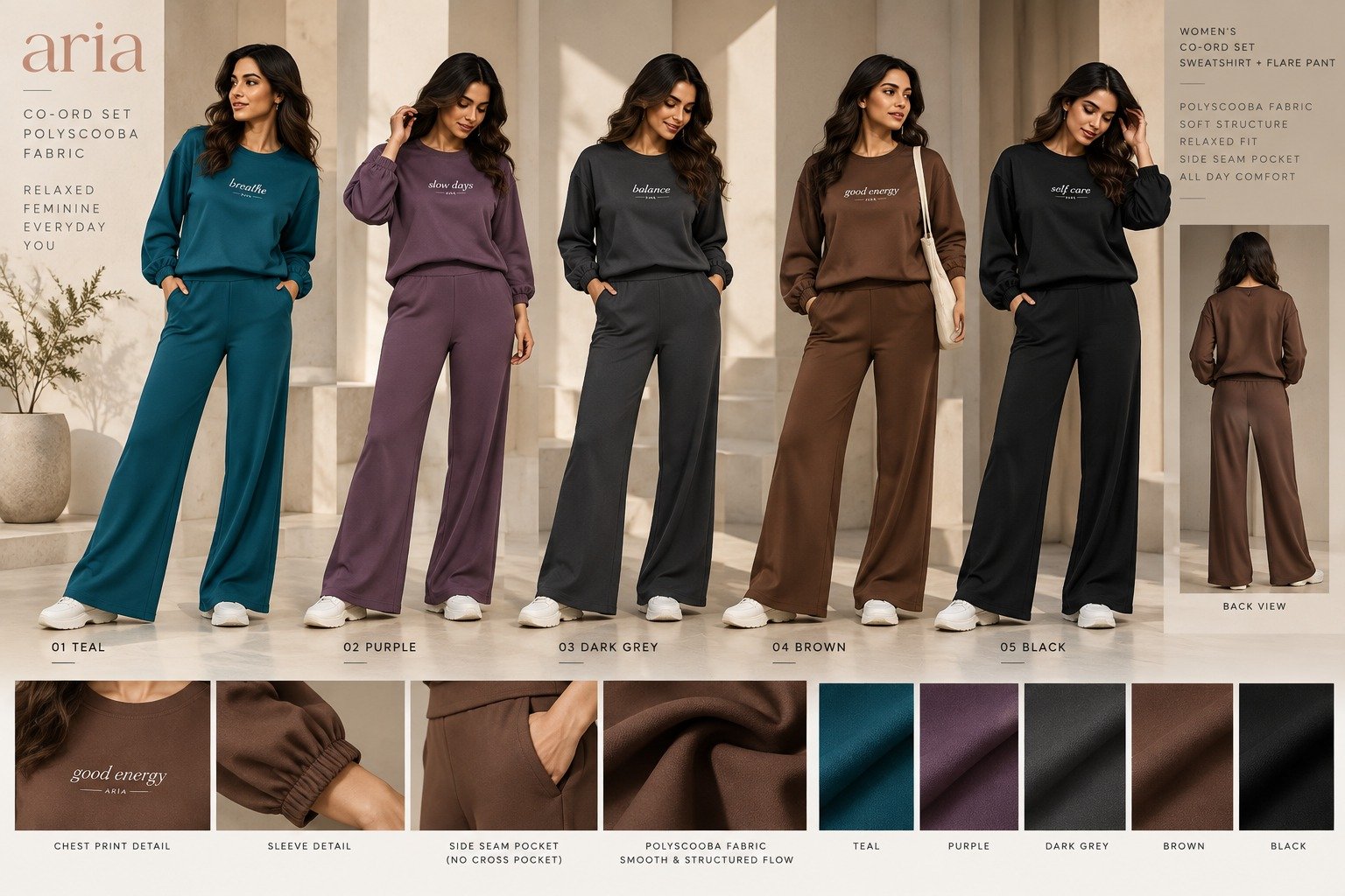 Women’s Aria sweatshirt and flared pant co-ord sets in five colours | Raghuvir Lifestyle Women’s Aria sweatshirt and flared pant co-ord sets in five colours