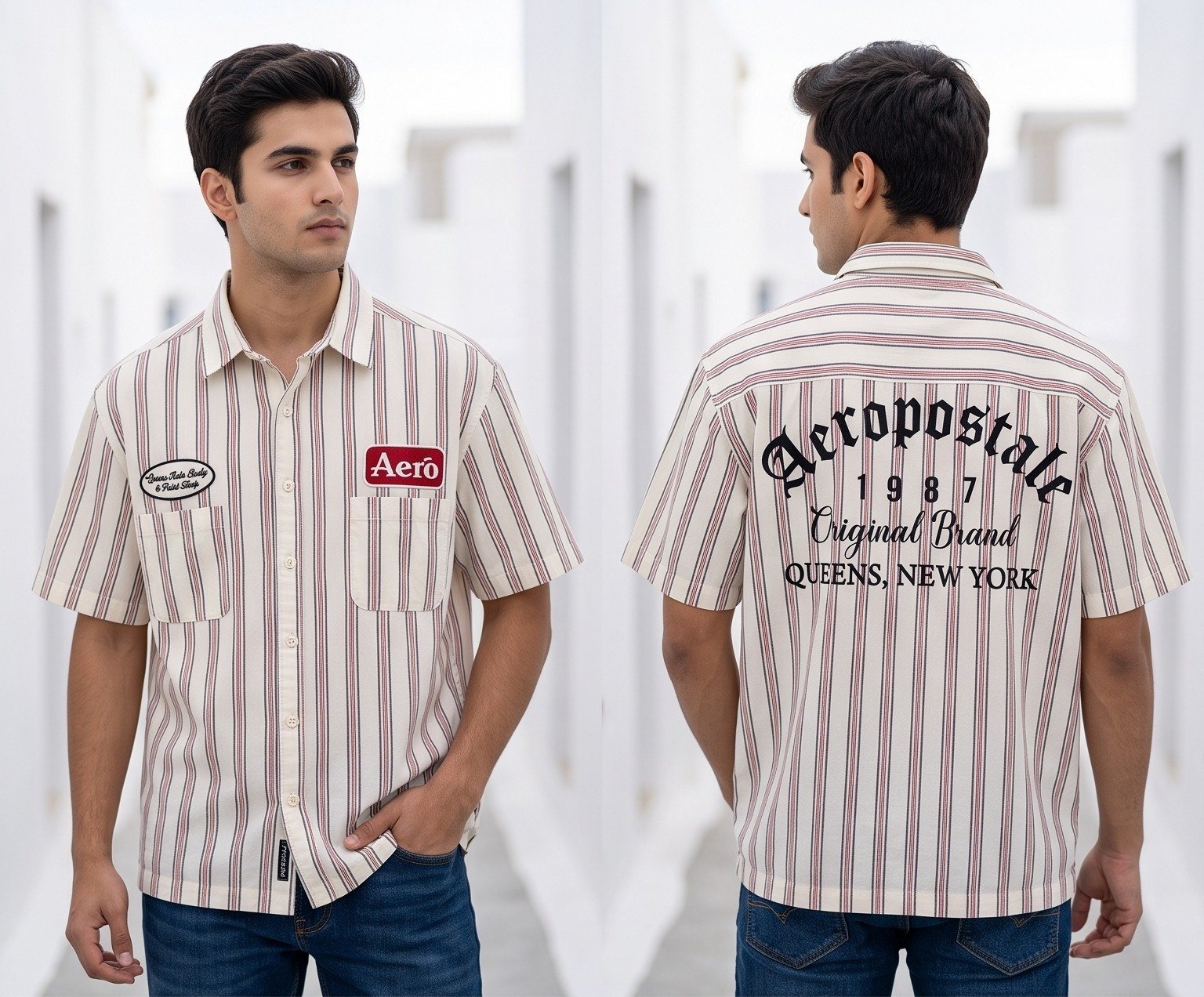 White and grey striped short-sleeve shirt, front and back | Raghuvir Lifestyle White and grey striped short-sleeve shirt, front and back