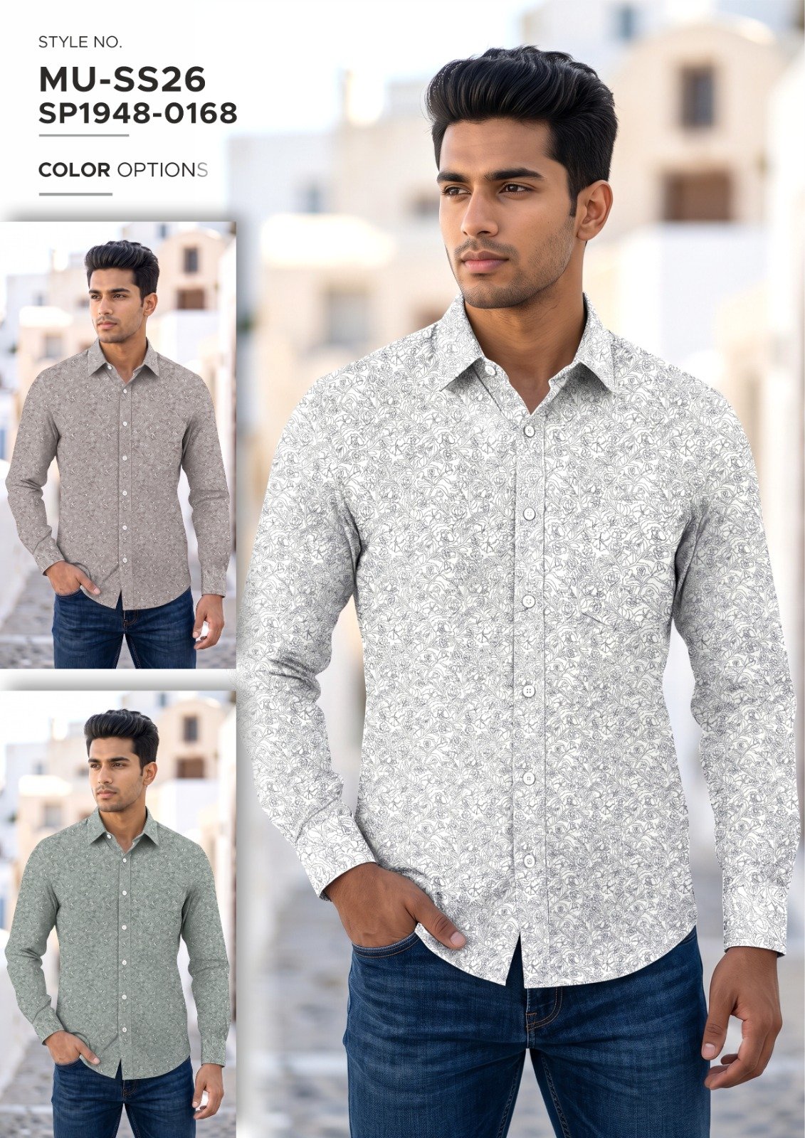 Men’s white fine-print long-sleeve shirt - SP1948-0168 | Raghuvir Lifestyle Men’s white fine-print long-sleeve shirt - SP1948-0168