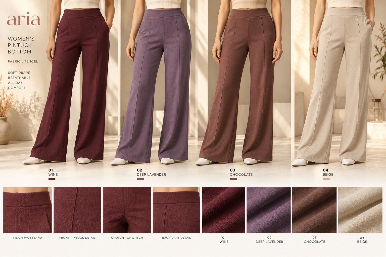 Women’s Aria pintuck wide-leg bottoms in four colours | Raghuvir Lifestyle Women’s Aria pintuck wide-leg bottoms in four colours