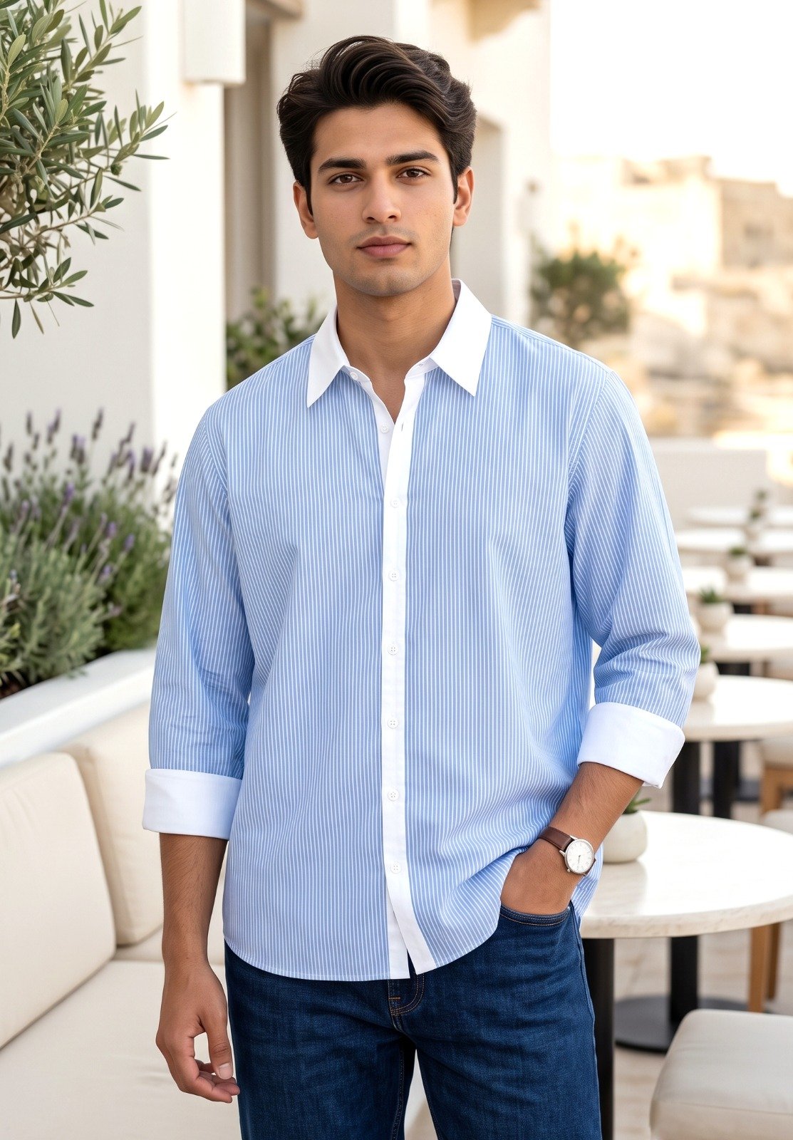 Light blue contrast-collar shirt | Raghuvir Lifestyle Light blue contrast-collar shirt