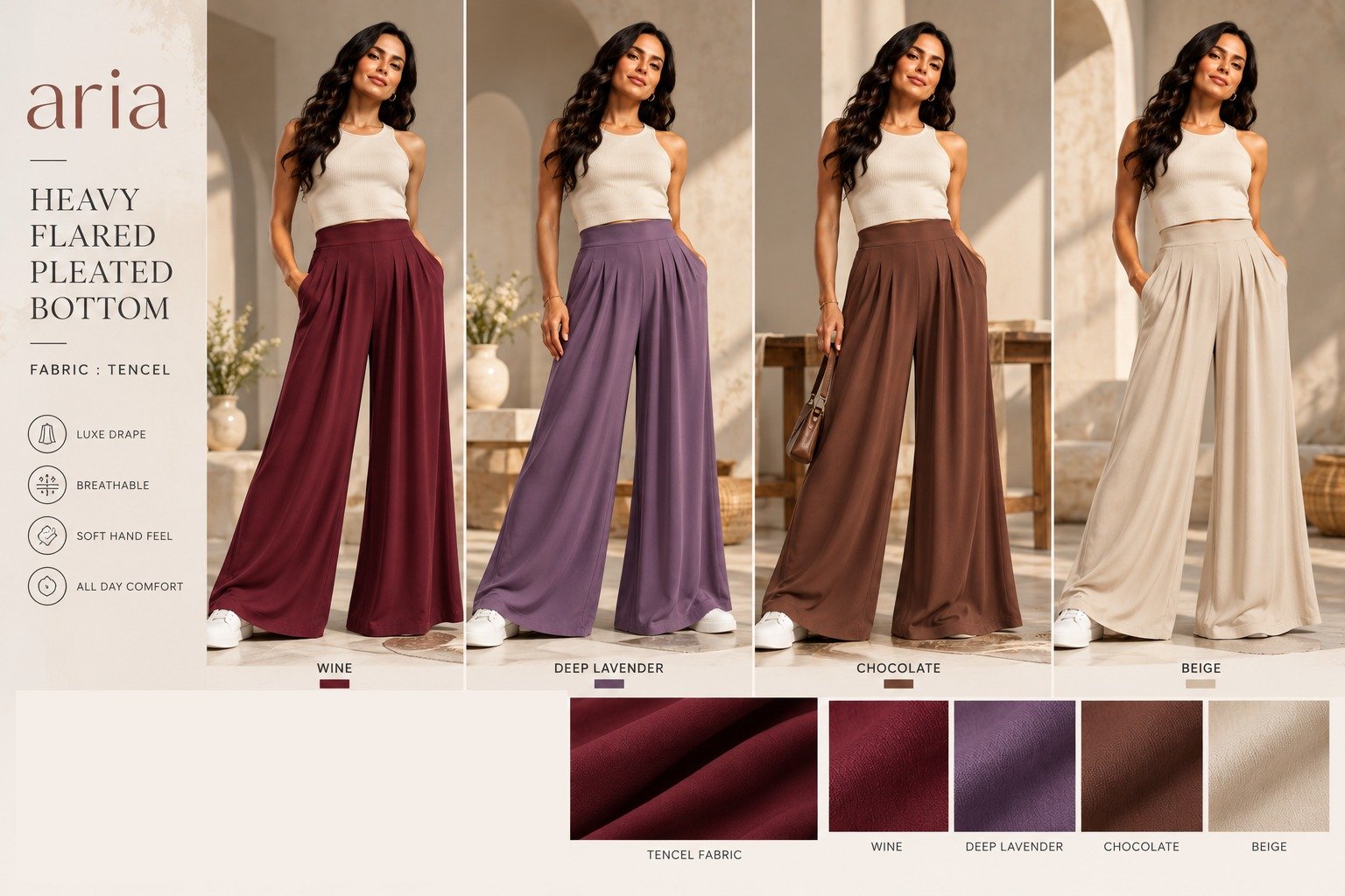 Women’s pleated flared bottoms in four colours | Raghuvir Lifestyle Women’s pleated flared bottoms in four colours