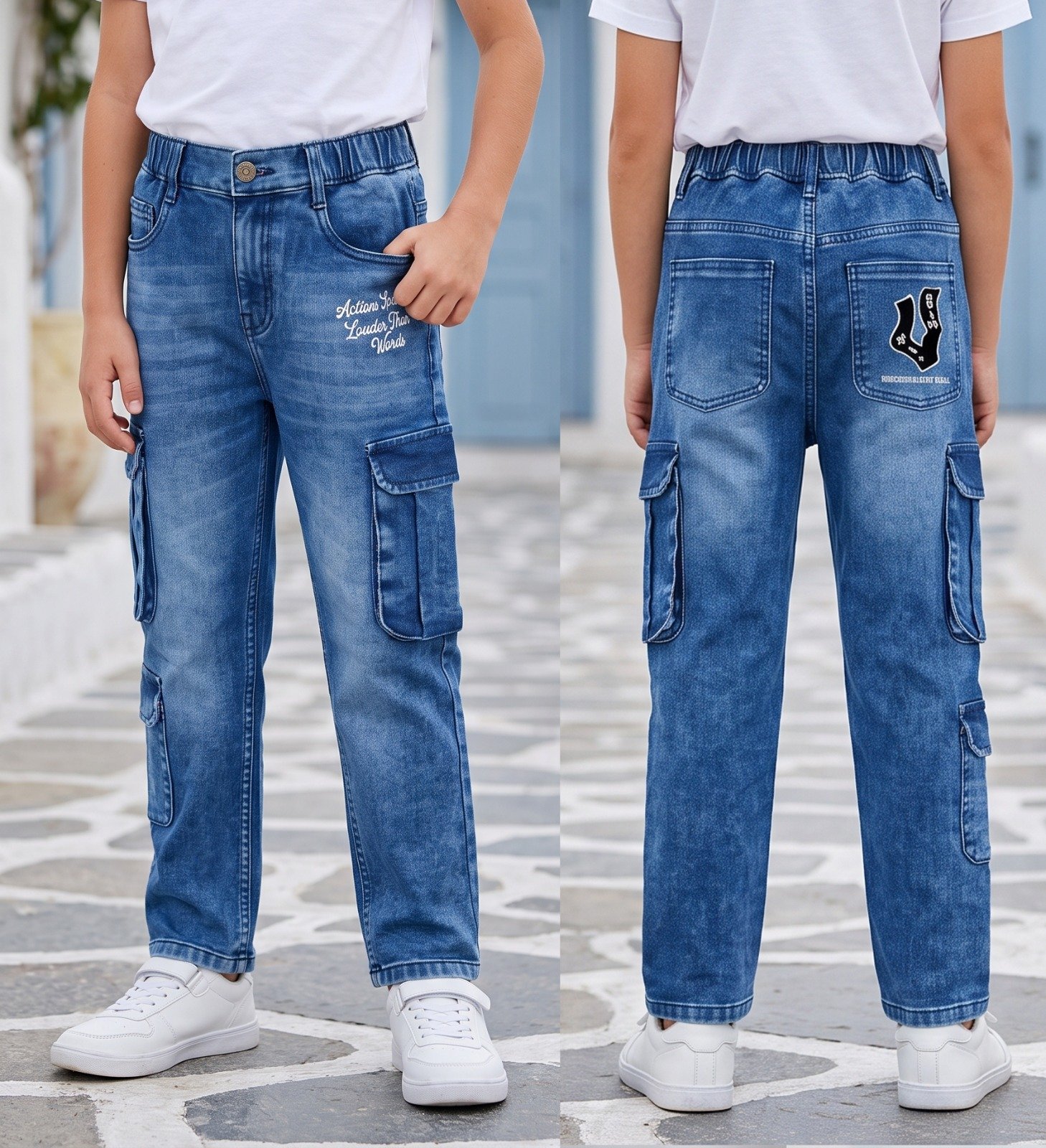 Blue Actions Speak Louder Than Words cargo jeans | Raghuvir Lifestyle Blue Actions Speak Louder Than Words cargo jeans