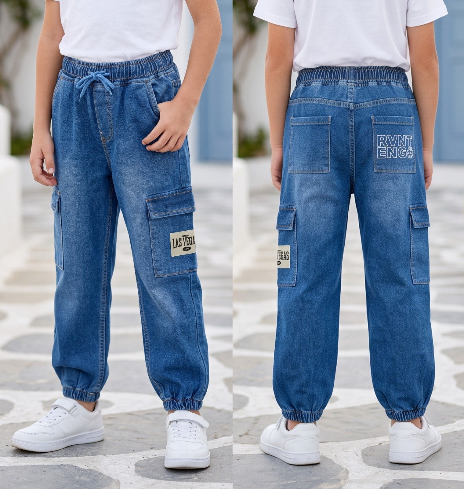 Blue Las Vegas patch cargo joggers | Raghuvir Lifestyle Blue Las Vegas patch cargo joggers