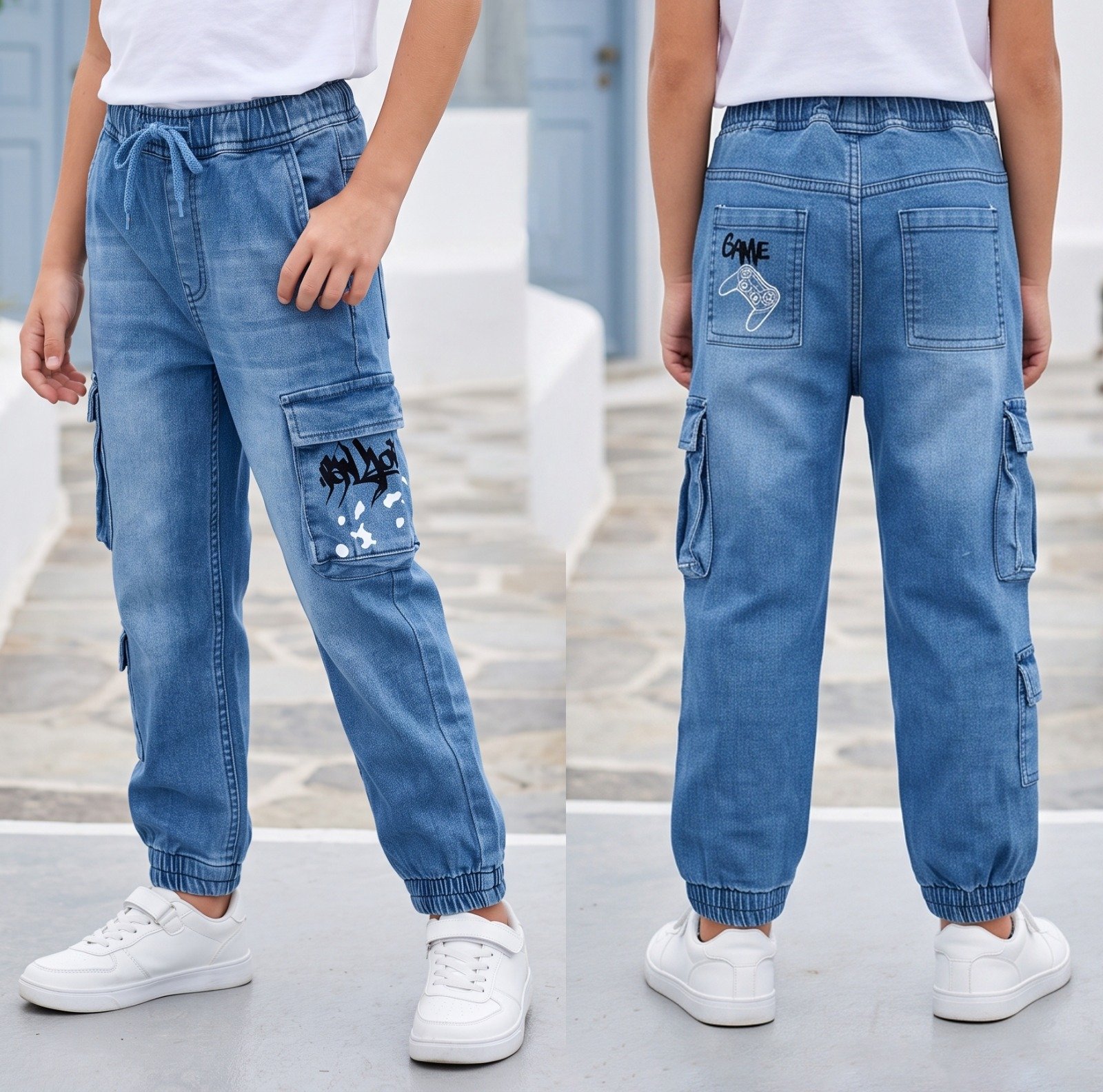 Blue graffiti and Game cargo joggers | Raghuvir Lifestyle Blue graffiti and Game cargo joggers
