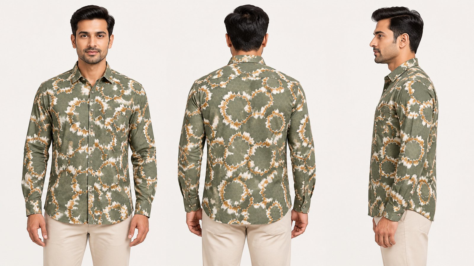 Men’s Olive Botanical Print Long-Sleeve Shirt | Raghuvir Lifestyle Men’s Olive Botanical Print Long-Sleeve Shirt