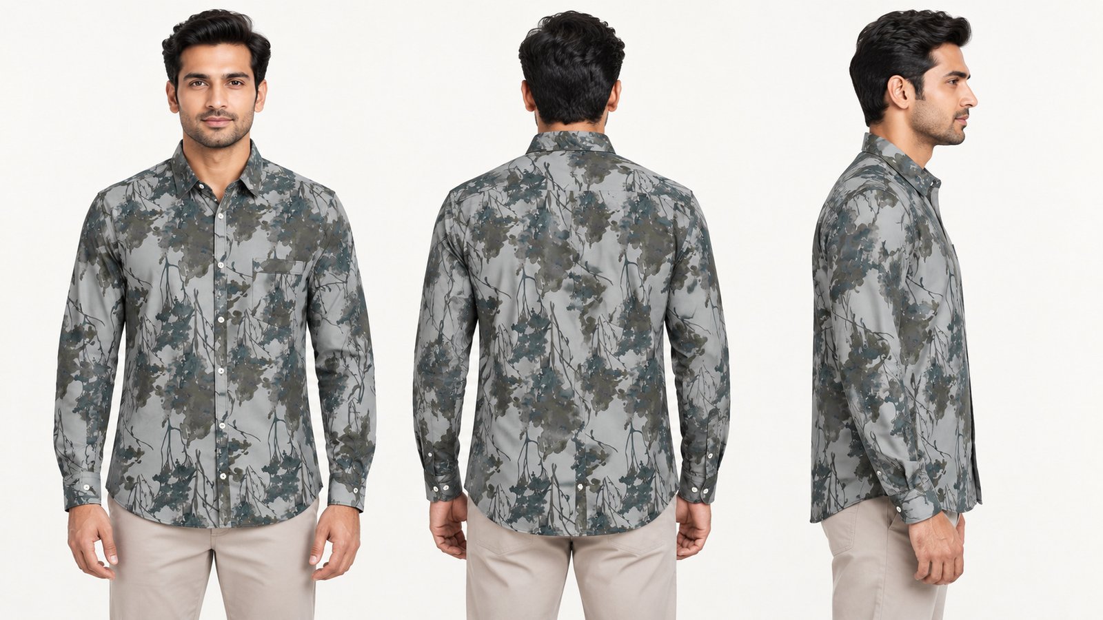 Men’s Grey Botanical Print Long-Sleeve Shirt | Raghuvir Lifestyle Men’s Grey Botanical Print Long-Sleeve Shirt