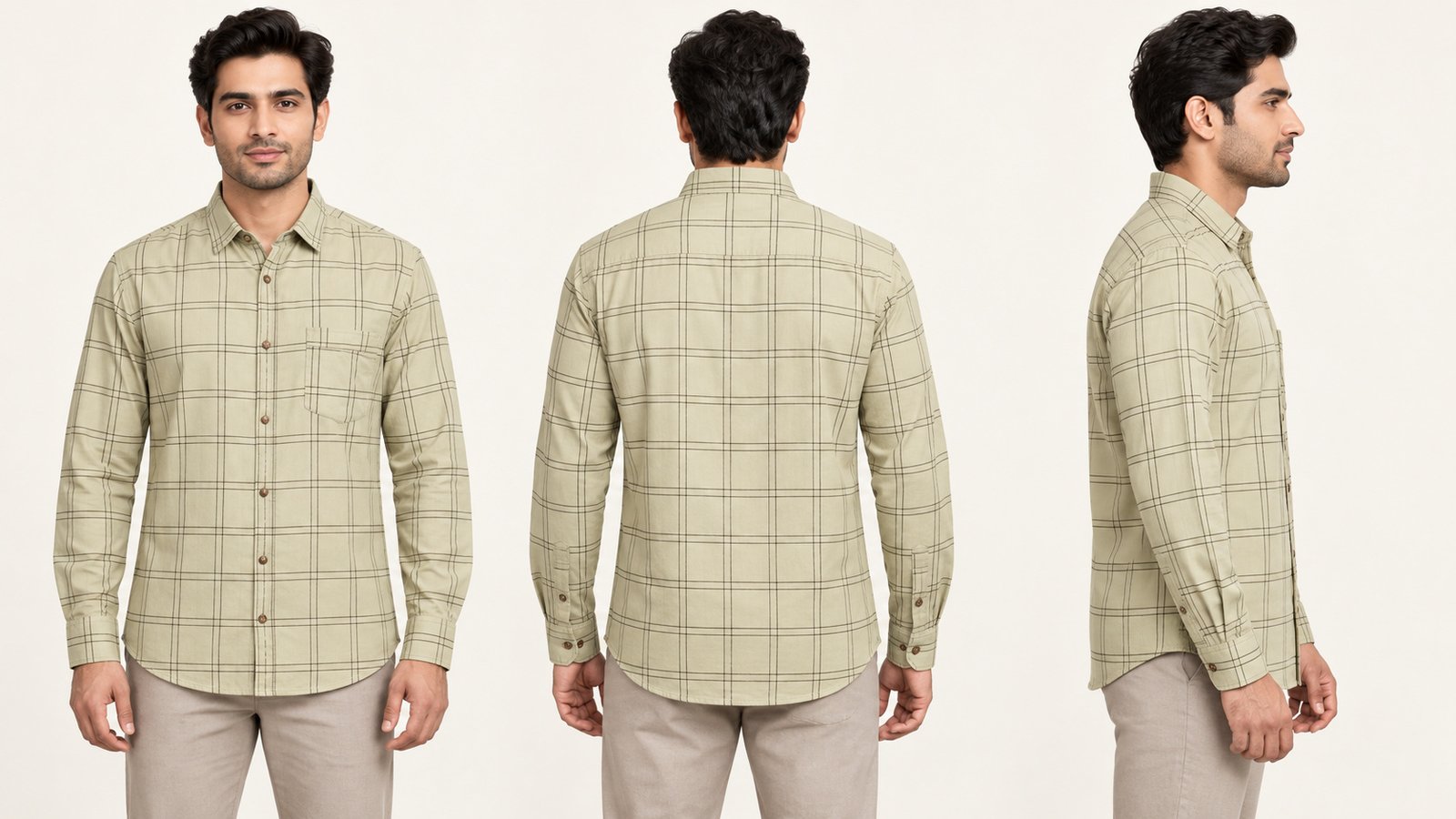 Men’s Beige Check Long-Sleeve Shirt | Raghuvir Lifestyle Men’s Beige Check Long-Sleeve Shirt