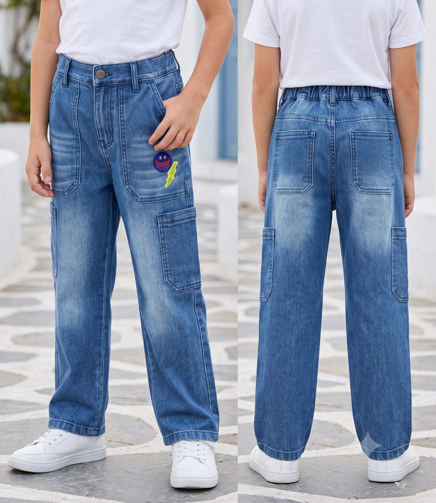 Blue smiley and lightning cargo jeans | Raghuvir Lifestyle Blue smiley and lightning cargo jeans