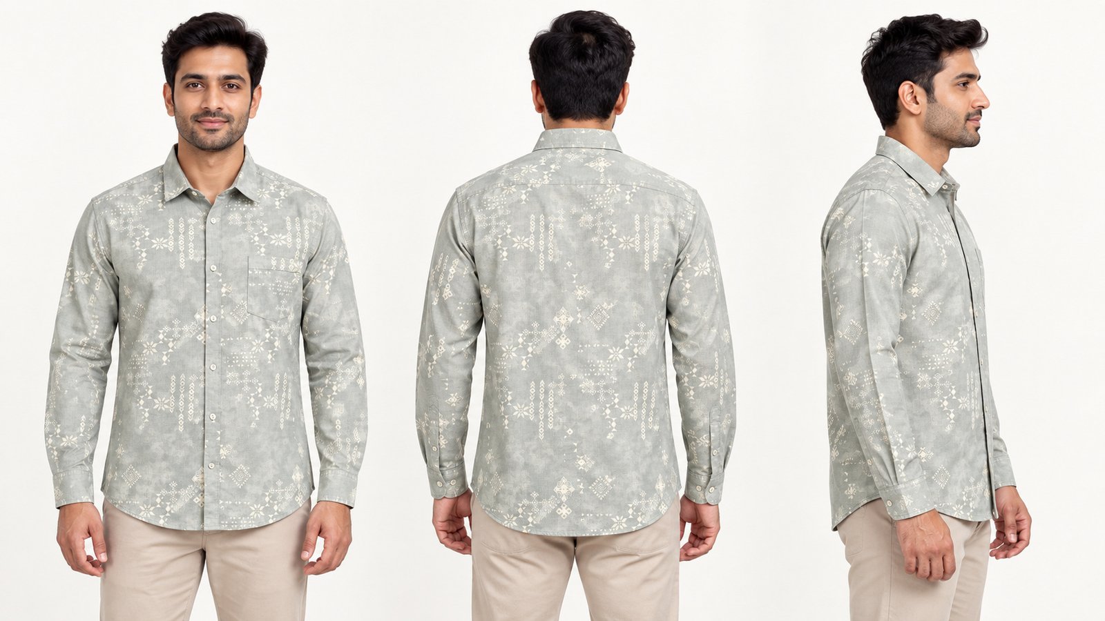 Men’s Light Grey Patterned Long-Sleeve Shirt | Raghuvir Lifestyle Men’s Light Grey Patterned Long-Sleeve Shirt