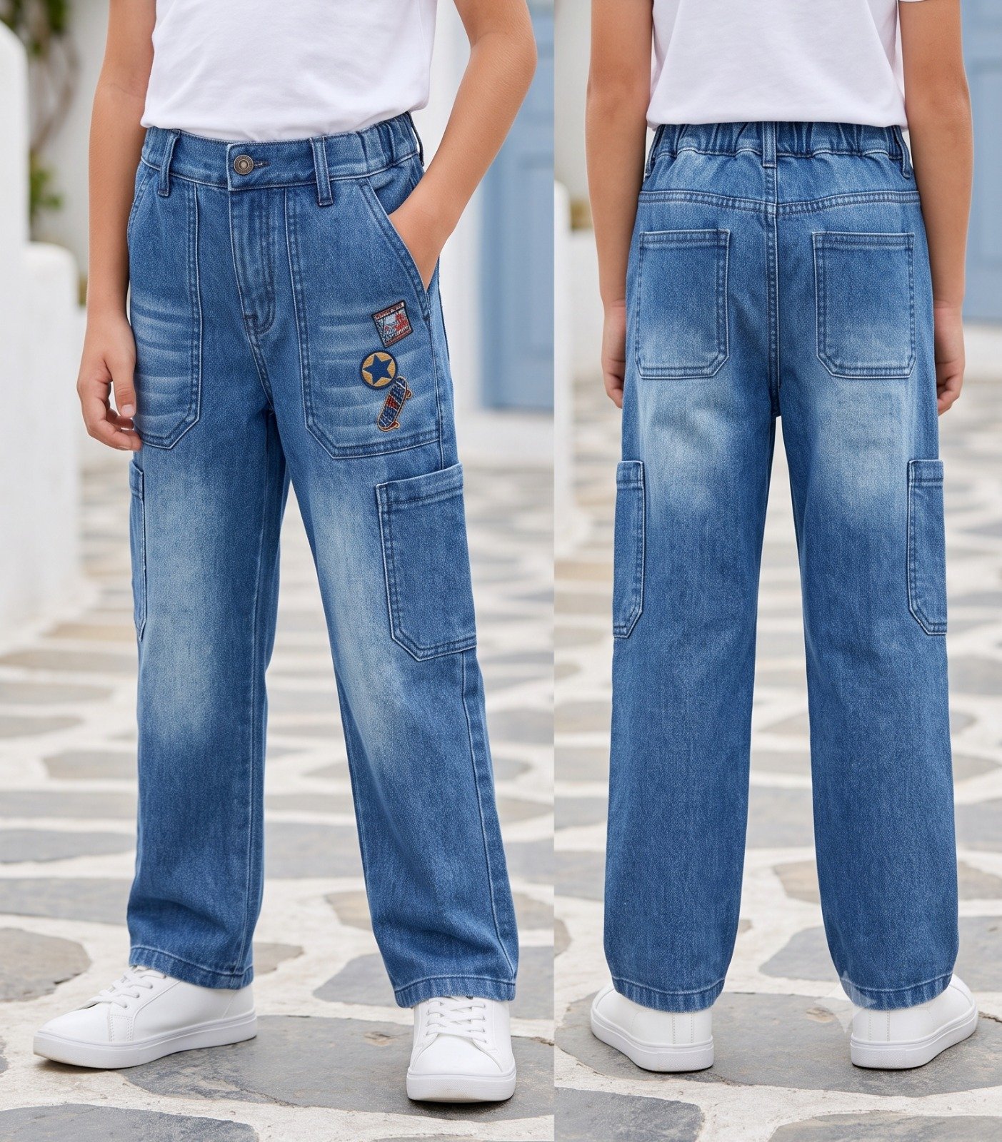 Blue badge patch cargo jeans | Raghuvir Lifestyle Blue badge patch cargo jeans