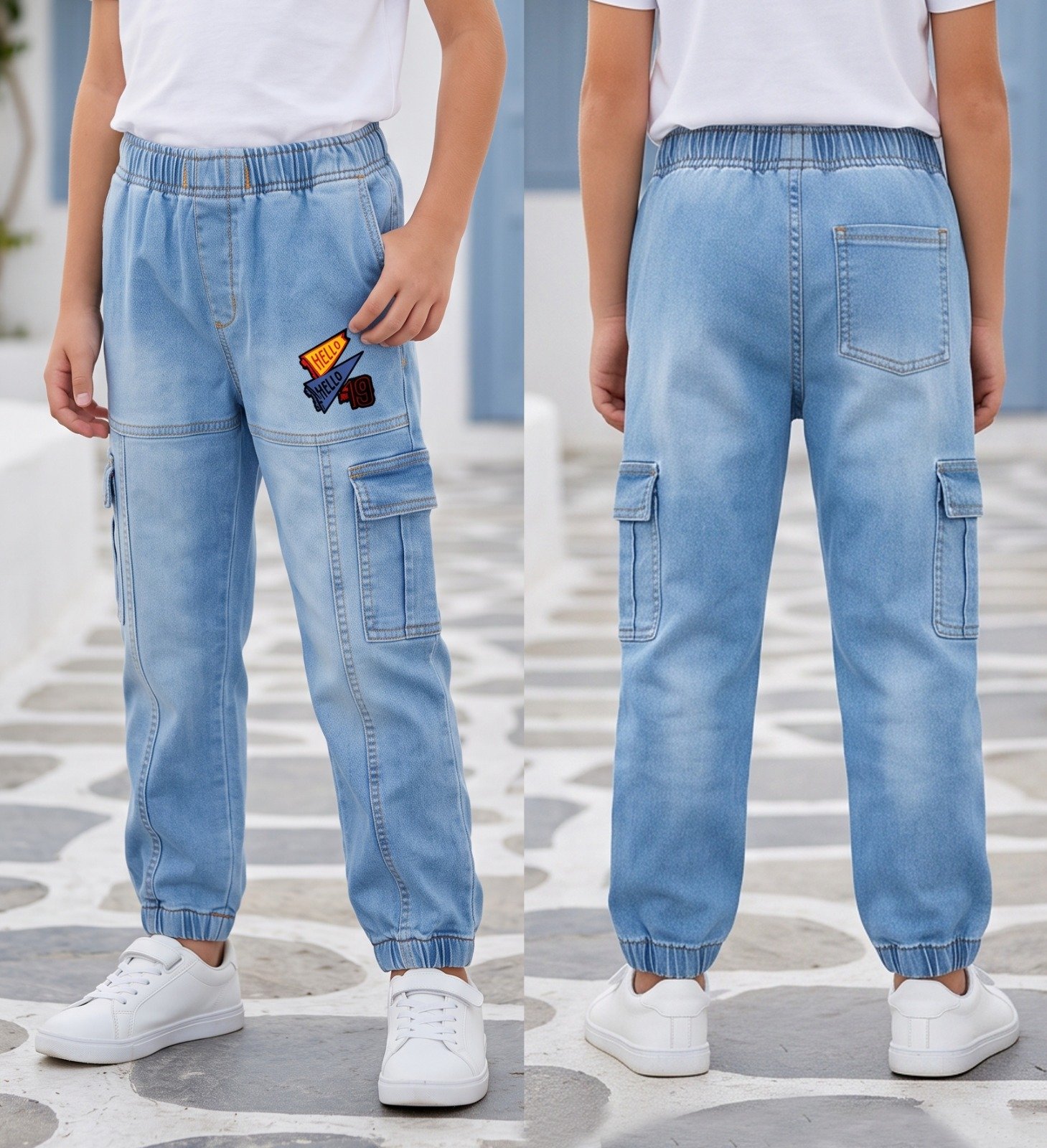 Light blue Hello 49 cargo joggers | Raghuvir Lifestyle Light blue Hello 49 cargo joggers