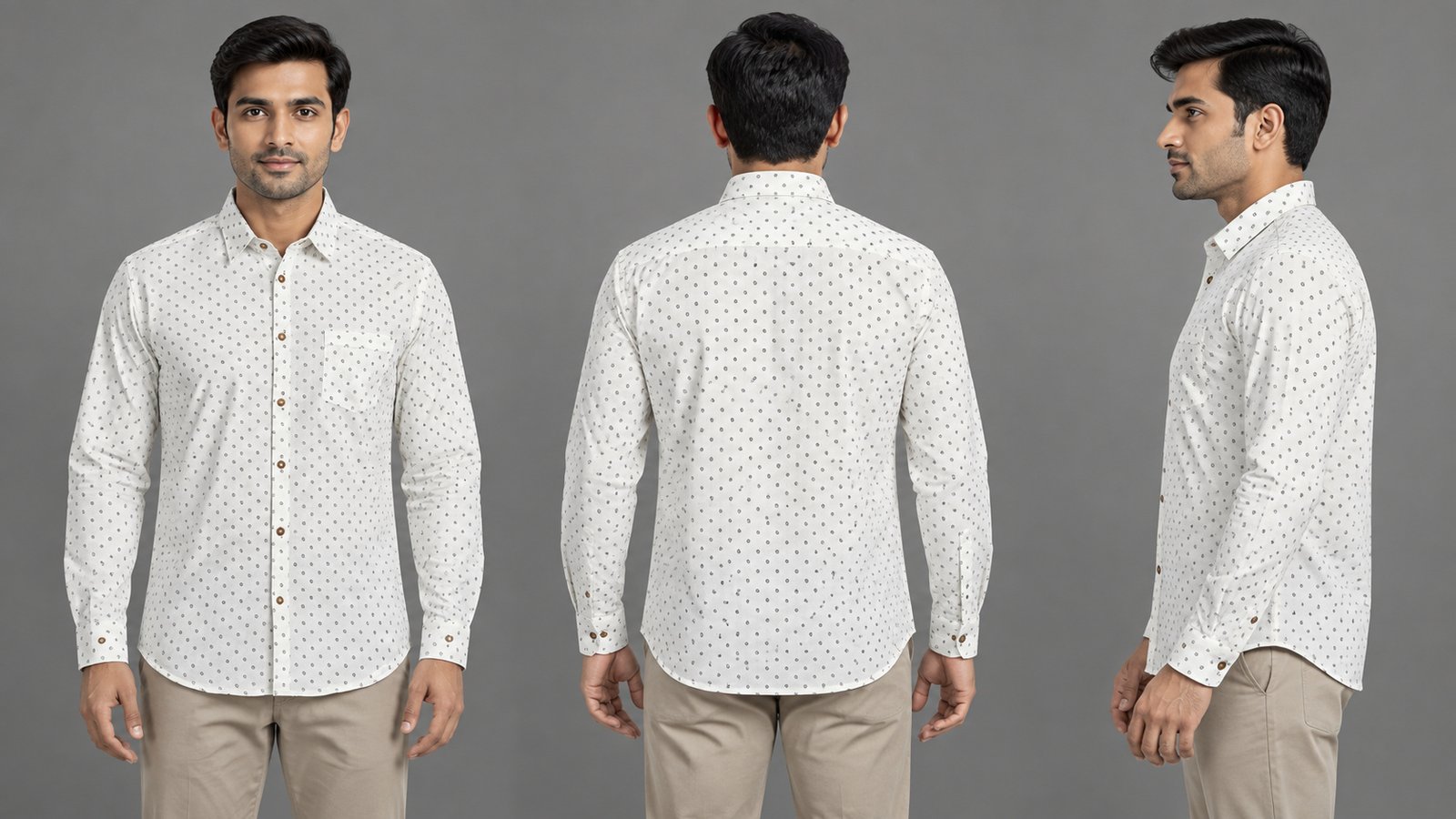 Men’s White Fine-Print Long-Sleeve Shirt | Raghuvir Lifestyle Men’s White Fine-Print Long-Sleeve Shirt