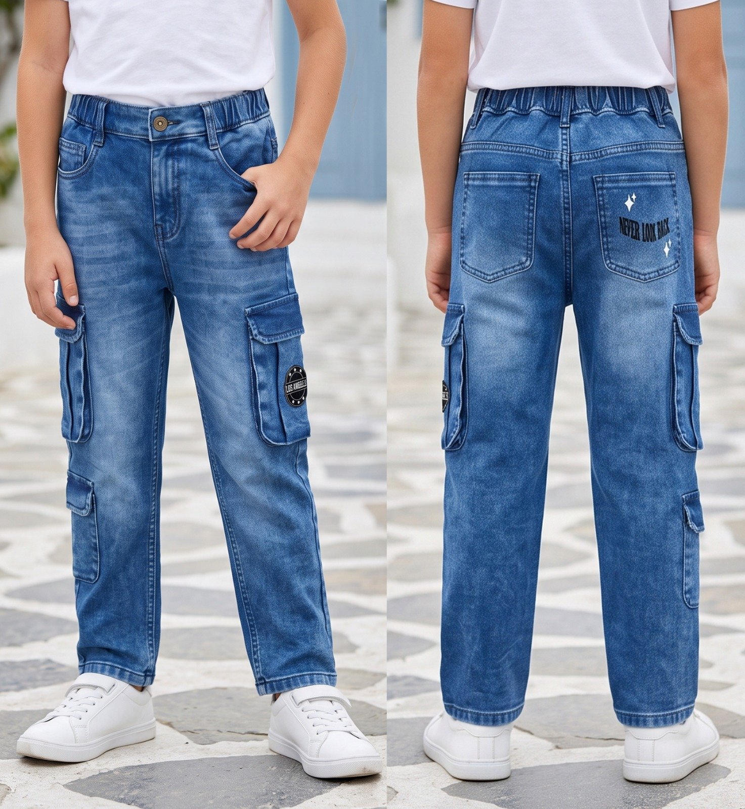 Blue Los Angeles Never Look Back cargo jeans | Raghuvir Lifestyle Blue Los Angeles Never Look Back cargo jeans