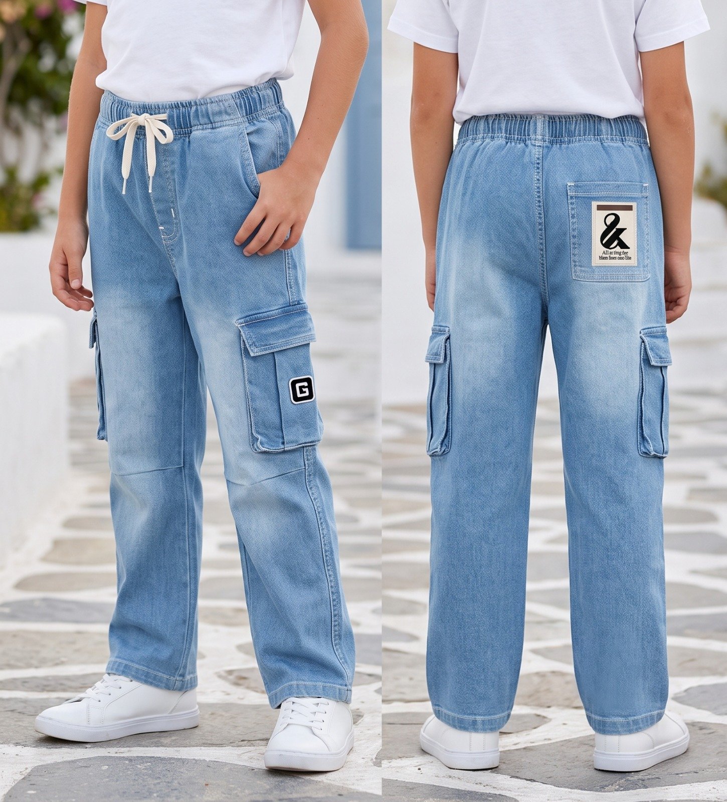 Light blue G patch cargo jeans | Raghuvir Lifestyle Light blue G patch cargo jeans