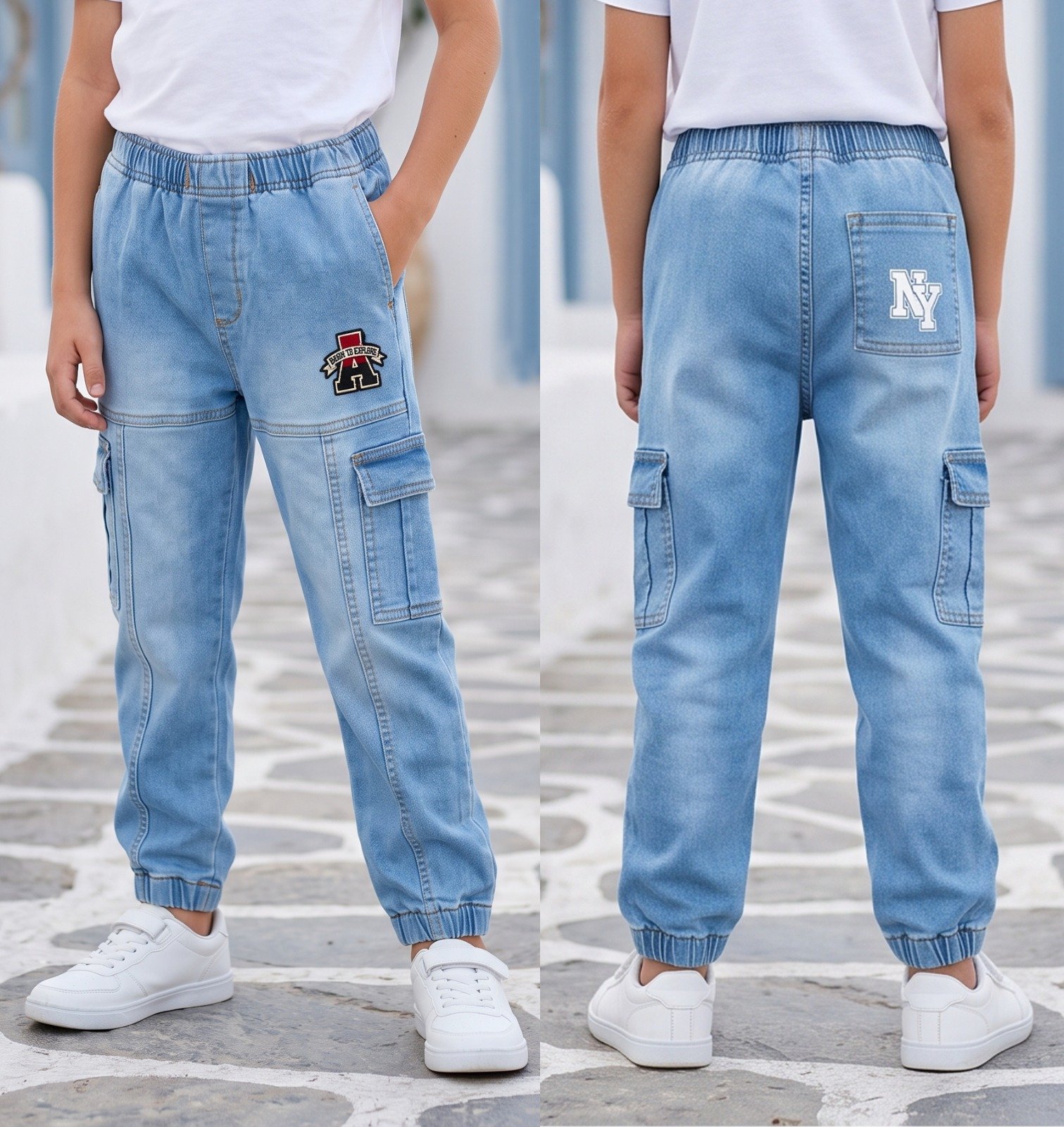 Light blue A and NY cargo joggers | Raghuvir Lifestyle Light blue A and NY cargo joggers