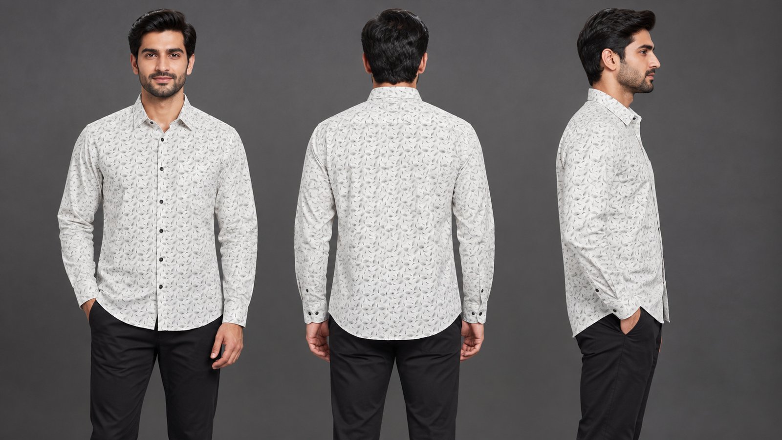 Men’s White Fine-Print Long-Sleeve Shirt | Raghuvir Lifestyle Men’s White Fine-Print Long-Sleeve Shirt